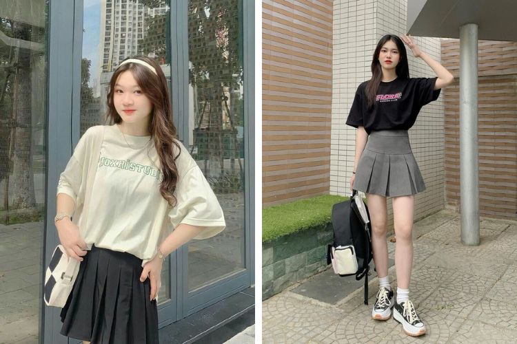 chân váy xếp ly ngắn phối với áo gì